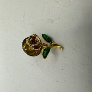 Vintage Gold Rose Lapel Pin With Green Leaves